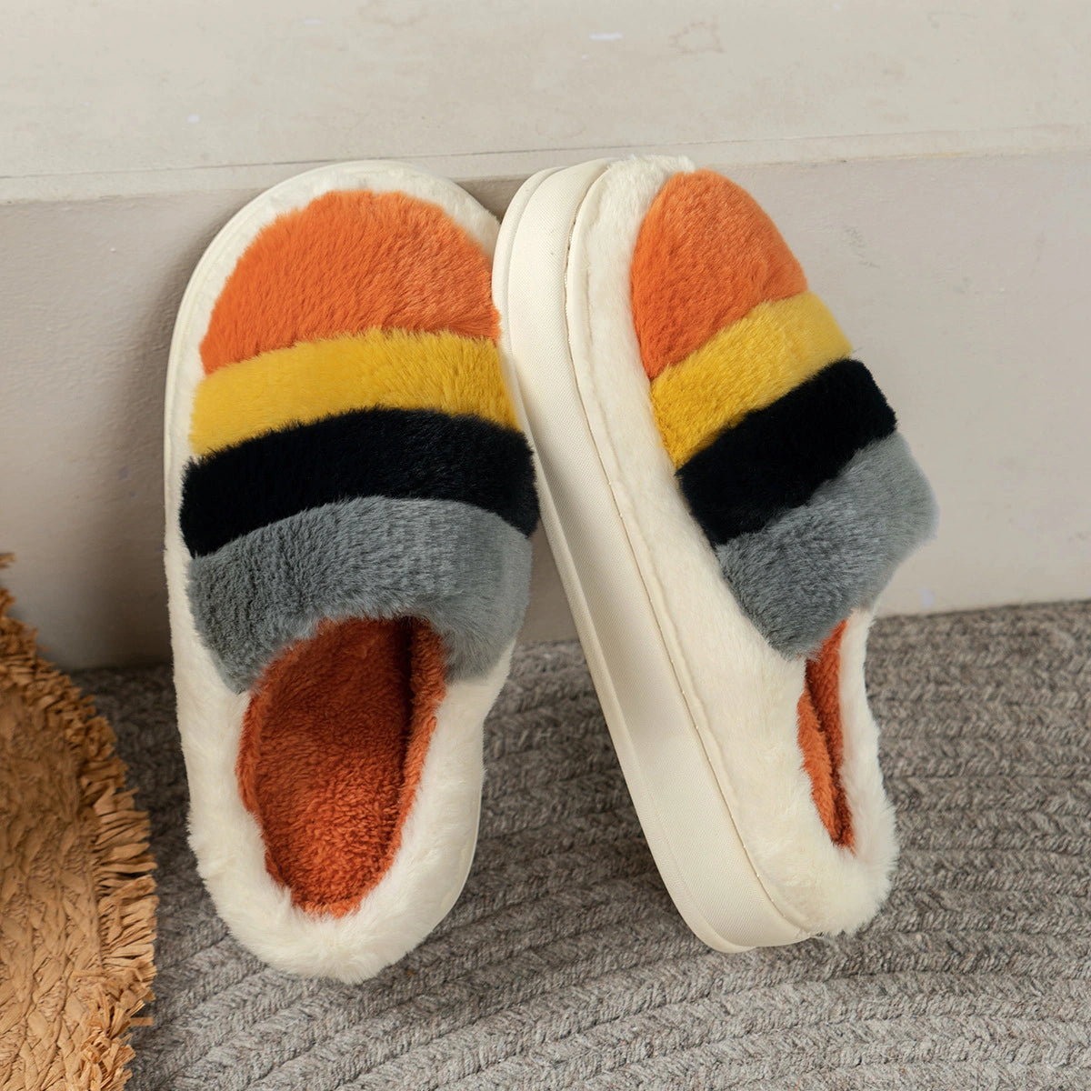 Rainbow Colorblock Plush Slippers