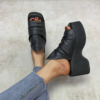 Ruched Square Toe Platform Slippers