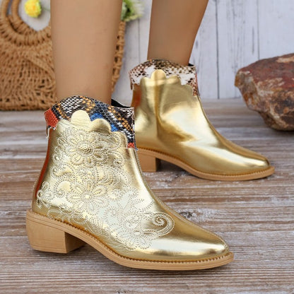 Shiny Chunky Heel Pointed Toe Women's Boots