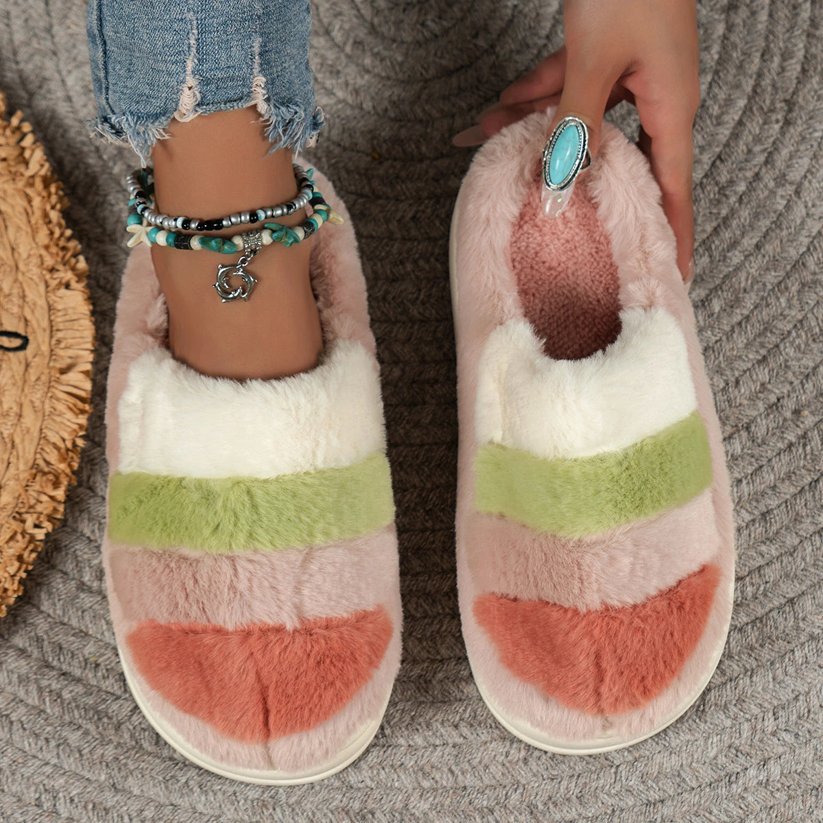 Rainbow Colorblock Plush Slippers