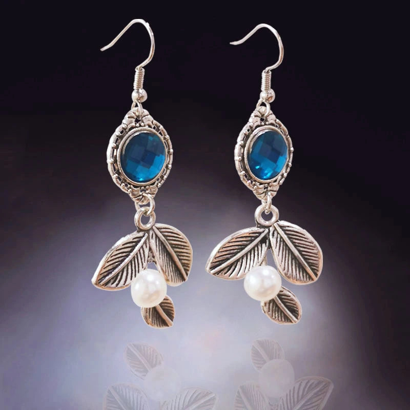 Vintage Blue Crystal Leaf Tassel Earrings