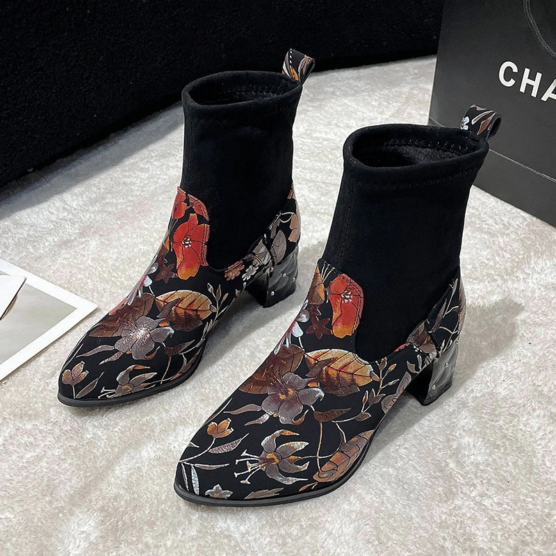 Floral Print Pointed Toe Chunky Heel Boots