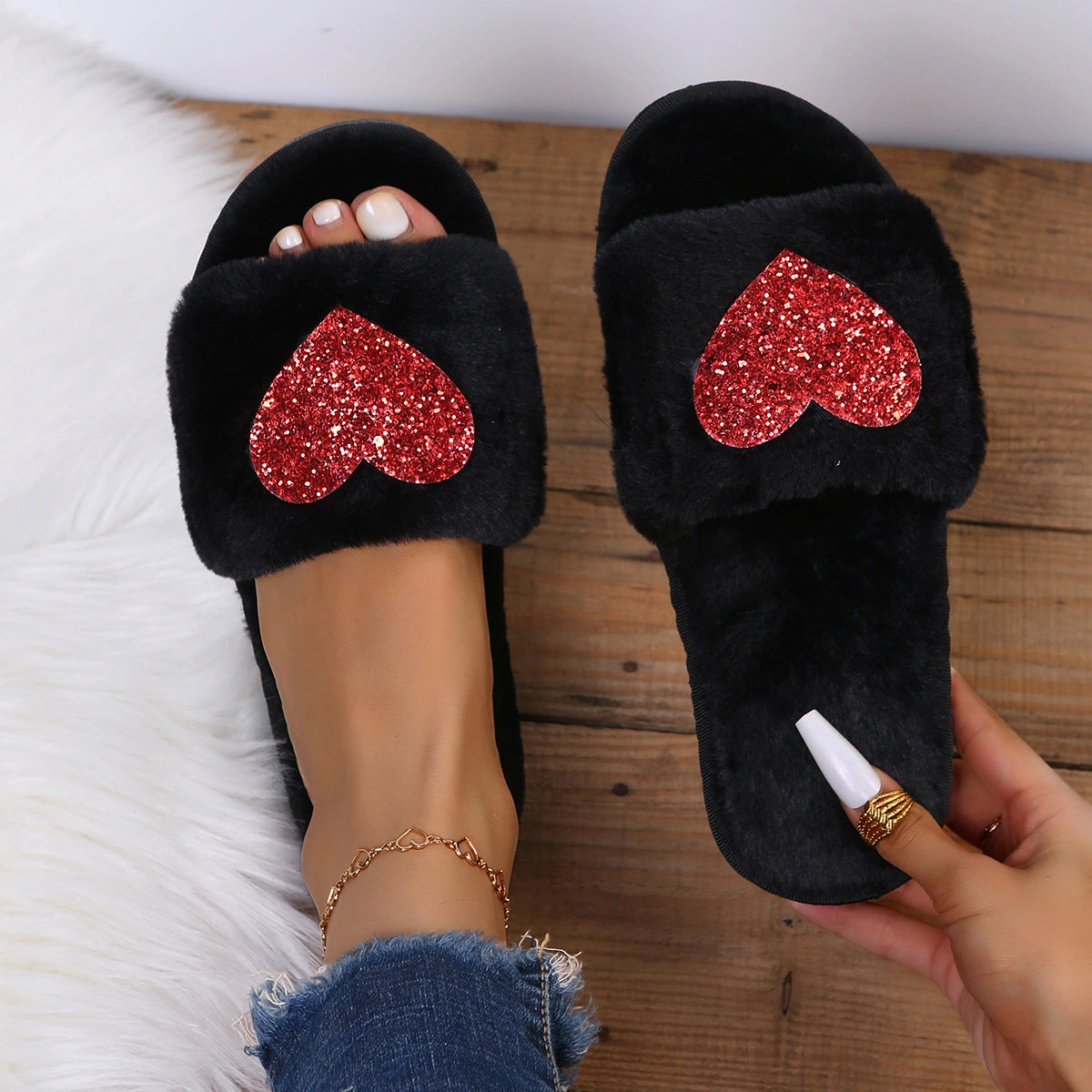 Shiny Heart Cotton Slippers