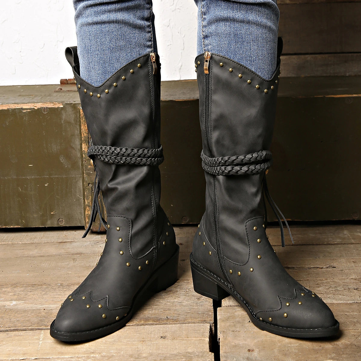 Pointed Toe Studded Chunky Heel Boots