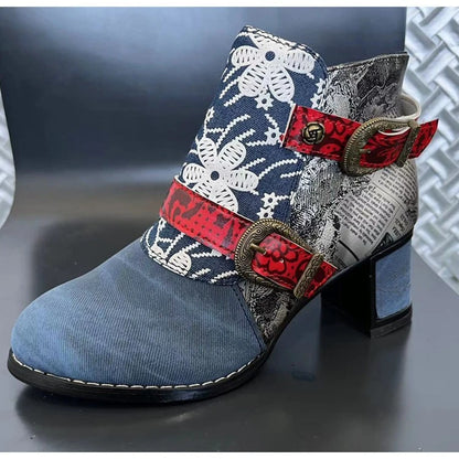 Embroidered Panel Chunky Heel Ankle Boots