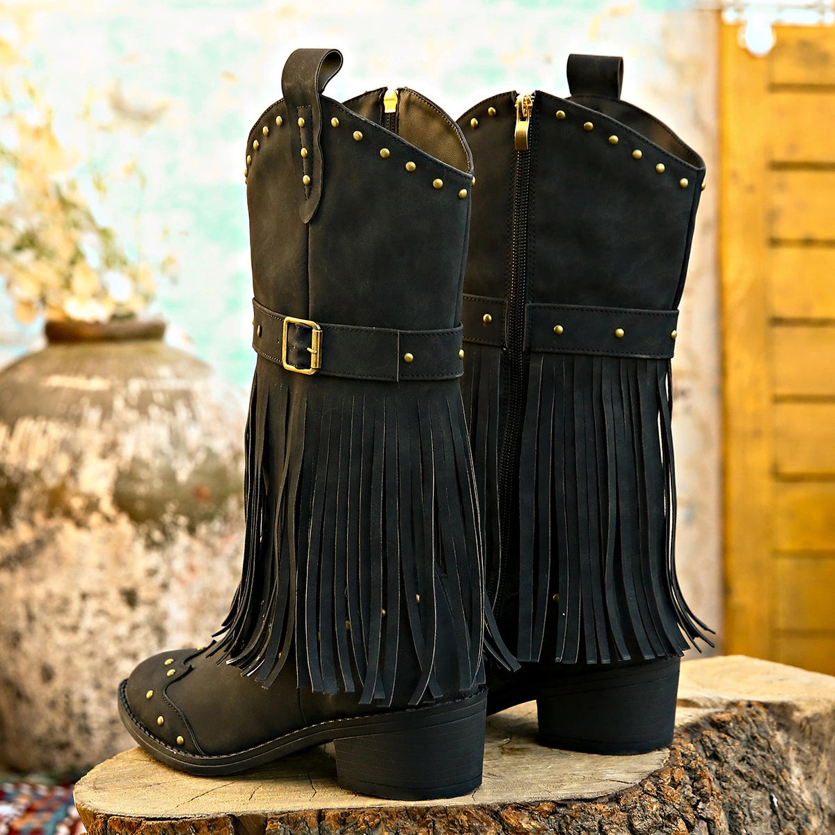 Retro Tassel Studded Belt Buckle Boots