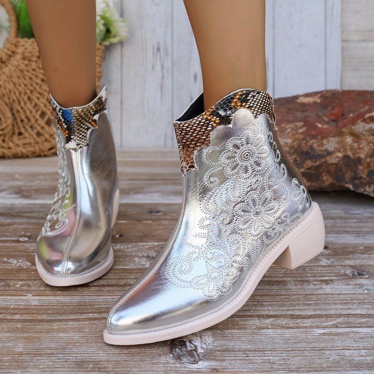 Shiny Chunky Heel Pointed Toe Women's Boots