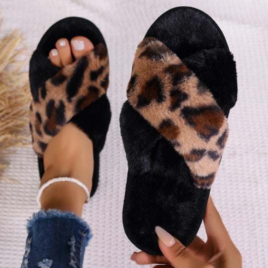 Leopard Print Cross Strap Plush Slippers