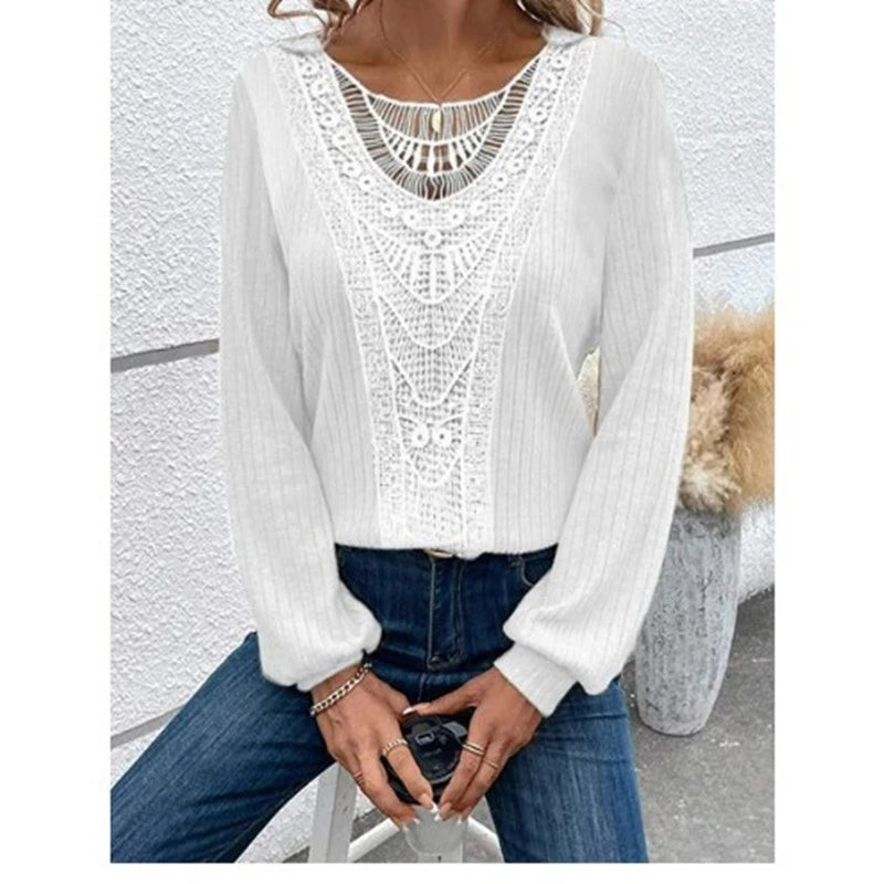 Hollow Lace Round Neck Striped T-shirt