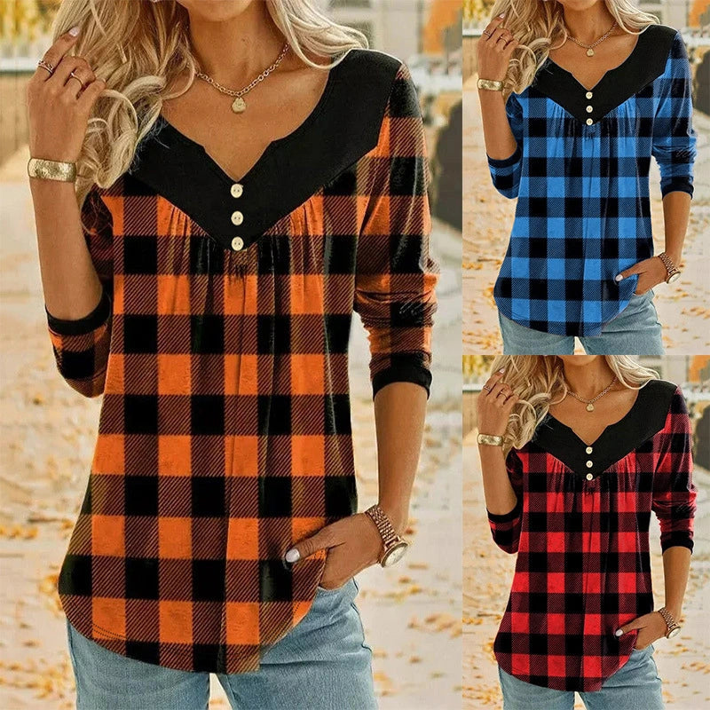 Plaid Color Block Button Top