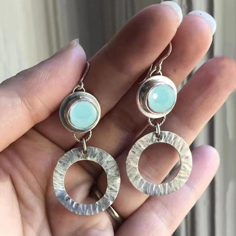 Round Blue Natural Stone Dangle Earrings