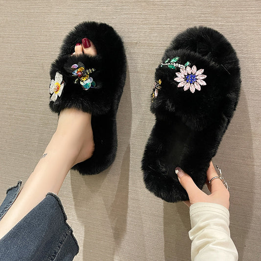 Rhinestone Thick Bottom Plush Slippers