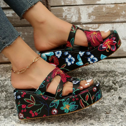 Embroidered Platform Flip Flops