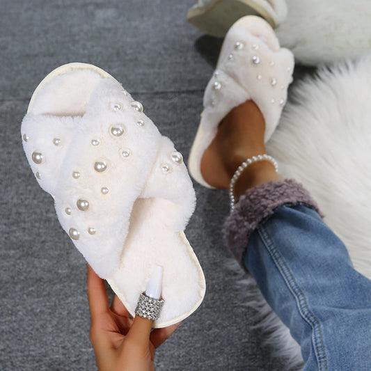 Pearl Crossover Furry Flat Slippers