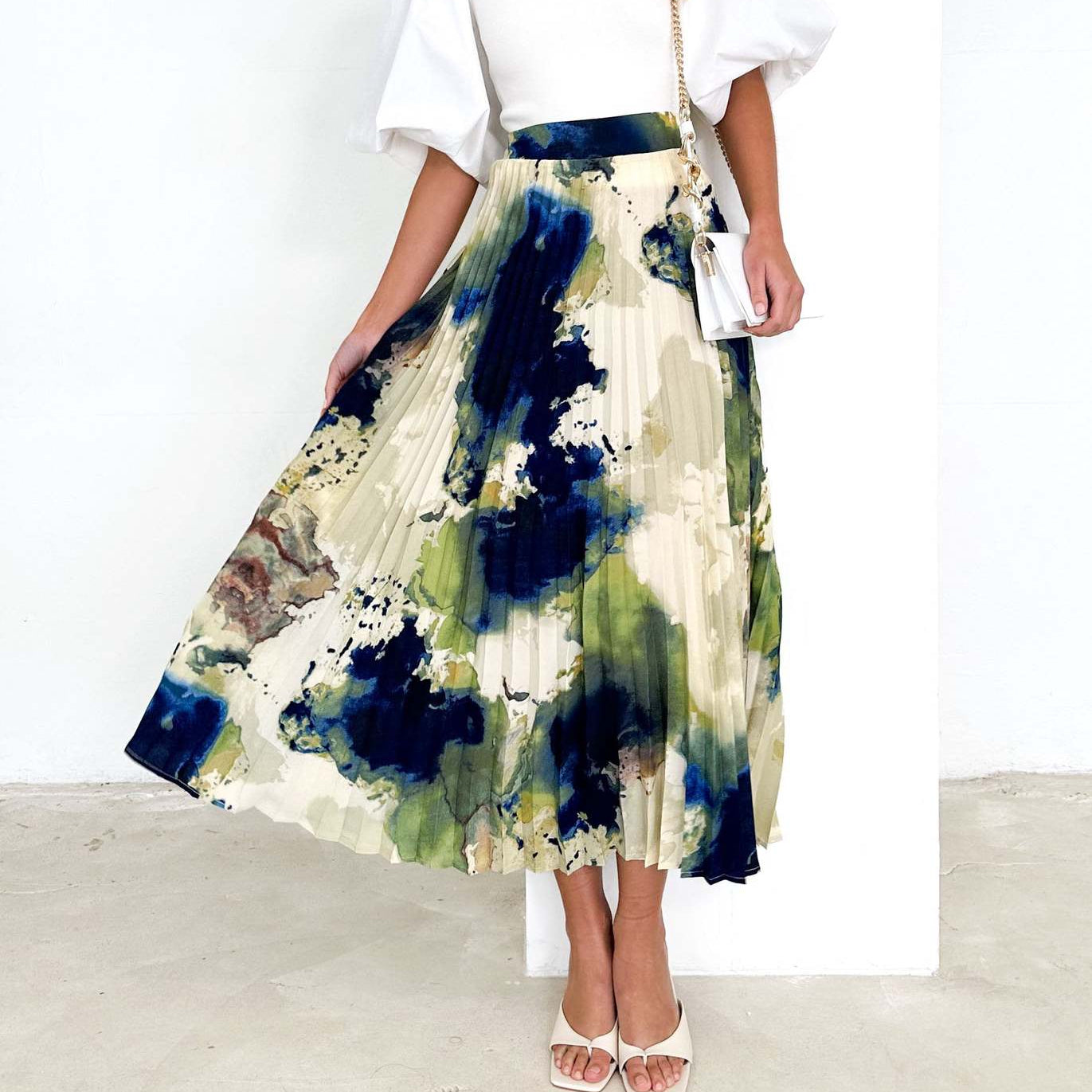 Oil Painting Print Pleated Skirt