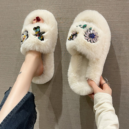 Rhinestone Thick Bottom Plush Slippers