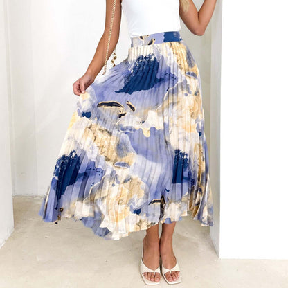 Oil Painting Print Pleated Skirt