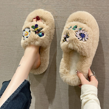 Rhinestone Thick Bottom Plush Slippers