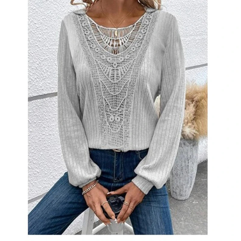 Hollow Lace Round Neck Striped T-shirt