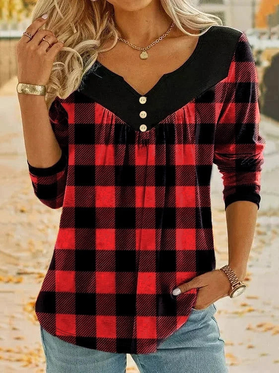 Plaid Color Block Button Top