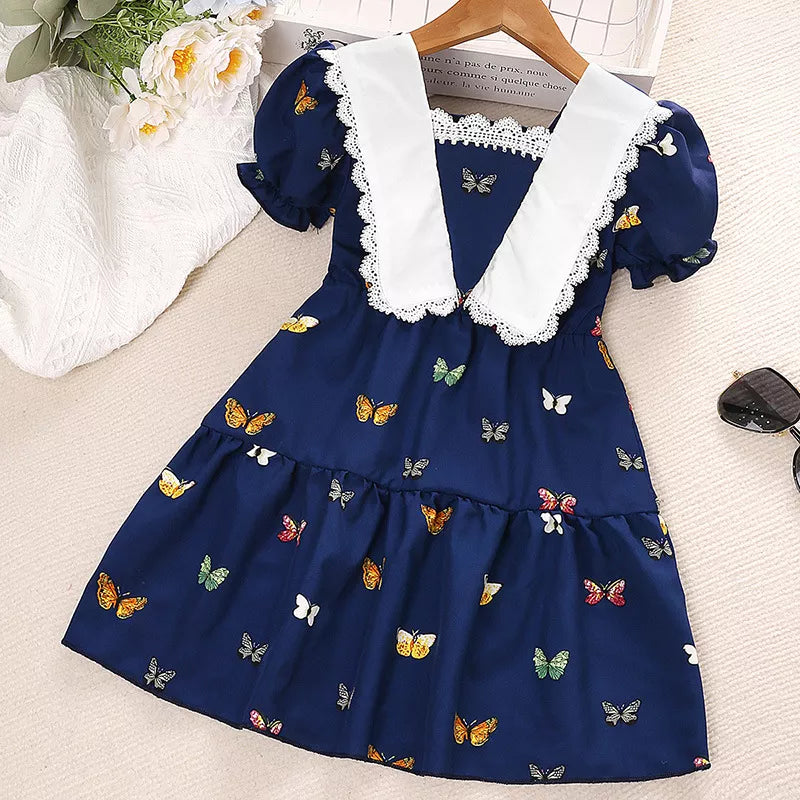 Vestido De Verano Para Bebé Niña Con Estampado De Mariposas Y Solapa De Encaje