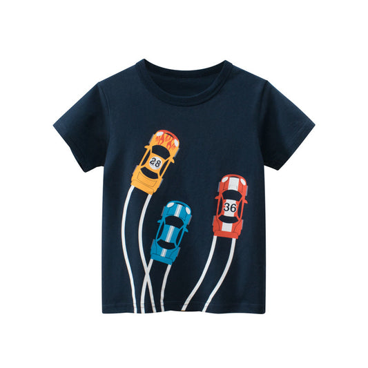 Camisetas de Manga Corta con Cuello Redondo para Niños con Estampado de Coches de Carrera