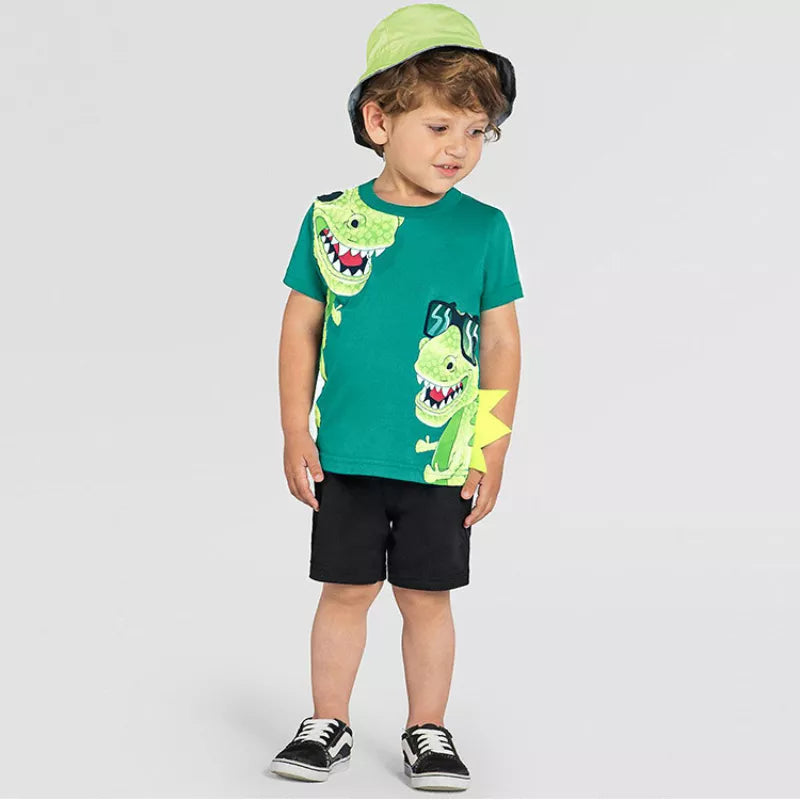 Conjunto de Camisetas de Manga Corta con Cuello Redondo y Pantalones Cortos para Niños con Estampado de Dinosaurios