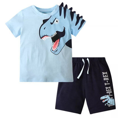 Conjunto de Camiseta Azul de Manga Corta con Cuello Redondo y Pantalones Cortos para Niños