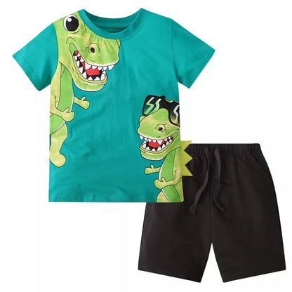 Conjunto de Camisetas de Manga Corta con Cuello Redondo y Pantalones Cortos para Niños con Estampado de Dinosaurios