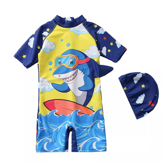 Traje de baño de una pieza 2023 Summer Boys' Cartoon Surf Shark